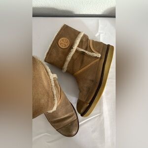 Tory Burch Nadine Amelie shearling boots in a brown suede and leather finish